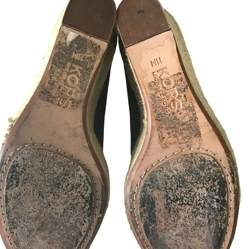 KORS Michael Kors Black Suede Wedge Open Toe Bleeker Sandal Espadrilles 11